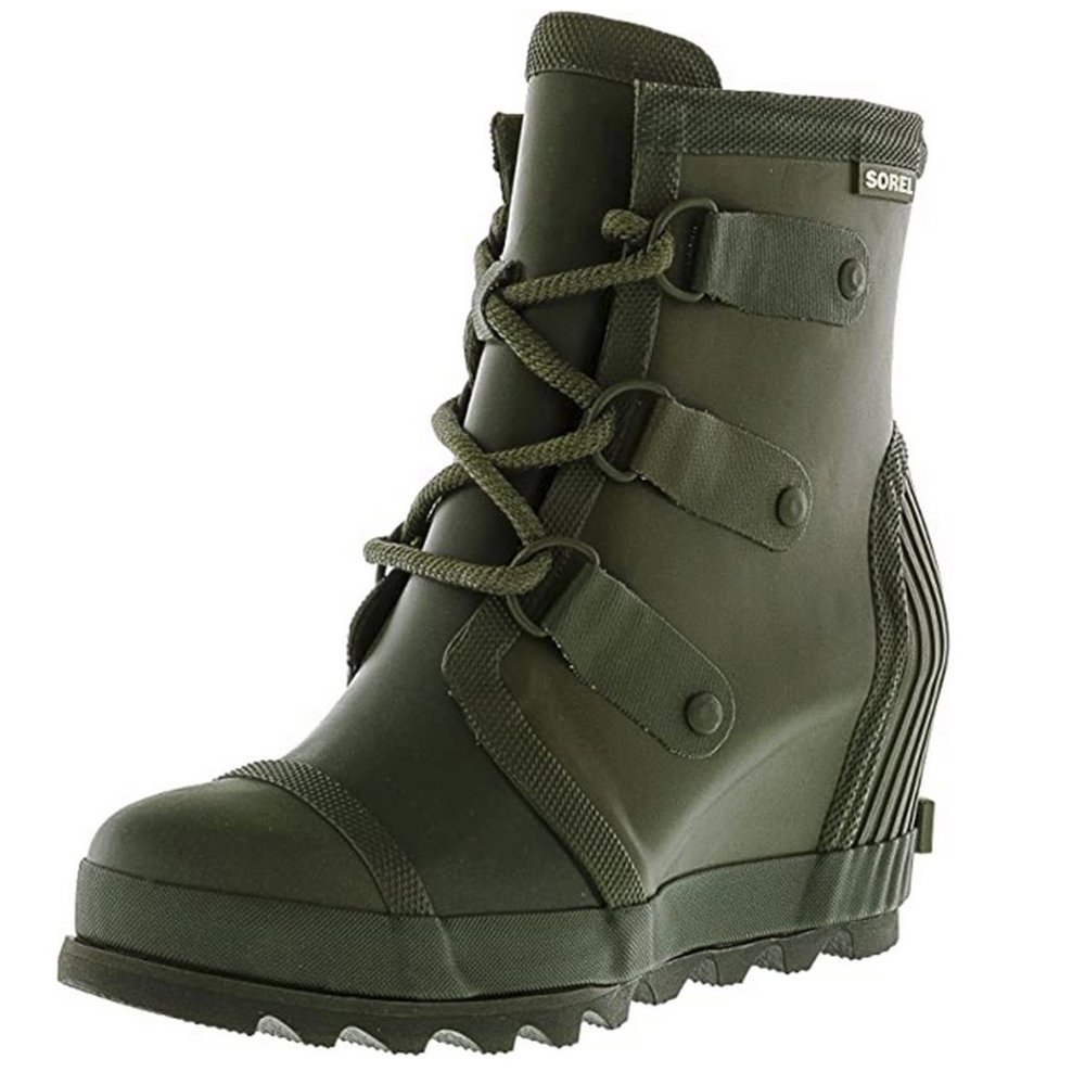 Sorel Rain Rubber Wedge Boots Olive Green Sz 7.5